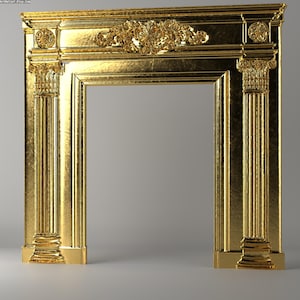 May include: A gold-colored, ornate fireplace mantel with classical columns and decorative floral accents. The mantelpiece features a rectangular opening and is made of a shiny, reflective material. The design is symmetrical and detailed.