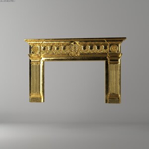 May include: A gold-colored fireplace mantel with ornate detailing. The mantel features a rectangular design with fluted columns and decorative carvings along the top. The overall style is classical and elegant, suitable for a traditional interior.