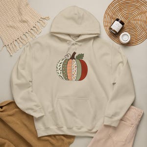 Hoodie met pompoenpatroon en patchwork | Herfst pompoen sweatshirt