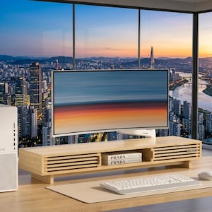 Monitor Stand Riser with Storage, Sliding Door Desk Organizer, Computer & Laptop Stand Shelf, Wooden Dual Monitor Riser, Office Desk Shelf