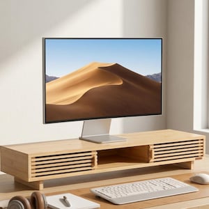 Monitor Stand Riser with Storage, Dual Monitor Stand Desk with Sliding Door, Wooden Laptop Stand Shelf Computer Screen Riser for Home Office