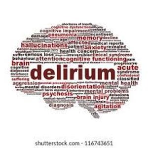 Peut inclure: Illustration graphique en forme de cerveau, composée de mots liés à la fonction cognitive et à la santé mentale. Le mot "délire" est mis en évidence au centre, avec des termes comme "hallucinations" et "lésion cérébrale".