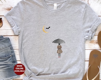 Whimsigoth t-shirt, Woman bat moon shirt, woman umbrellat-shirt, Gift for sister, gift for aunt, Gift for goth, gothic shirt, gothic macabre