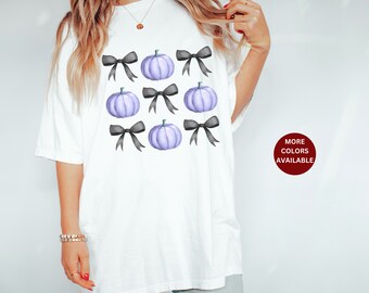 Pumpkin Halloween Tshirt Coquette Cute Halloween Comfort Colors Purple Halloween Spooky season Witch Halloween Shirt Witchy Black Bow Fall