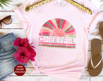 Chemise joyeux soleil, chemise optimisme, chemise ondes positives, chemise rouge soleil, chemise rétro soleil, cadeau fille, soleil arc-en-ciel