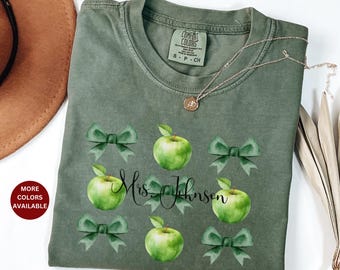 Comfort Colors Personalized Teacher T-Shirt Teacher Green Apples Shirt Coquette Comfort Colors T-Shirt Custom Teacher Gift Apples Gift