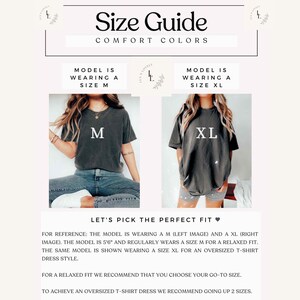 May include: Size guide for a t-shirt with two models wearing different sizes. The model on the left is wearing a size M and the model on the right is wearing a size XL. The text says "Let's pick the perfect fit" and provides information on how to choose the right size for a relaxed fit or an oversized t-shirt.