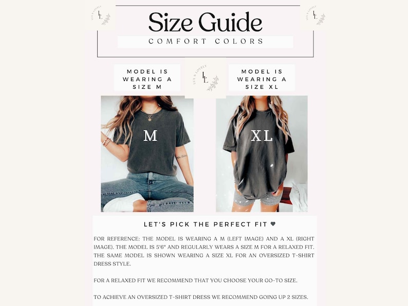 May include: Size guide for a t-shirt with two models wearing different sizes. The model on the left is wearing a size M and the model on the right is wearing a size XL. The text says "Let's pick the perfect fit" and provides information on how to choose the right size for a relaxed fit or an oversized t-shirt.