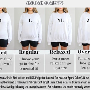 May include: A size chart for a crewneck sweatshirt showing four different sizes: M, L, XL, and 2XL. The chart shows how the sweatshirt fits on a model wearing each size. The text describes the fit of each size: Fitted, Regular, Relaxed, and Oversized. The sweatshirt is 50% cotton and 50% polyester.