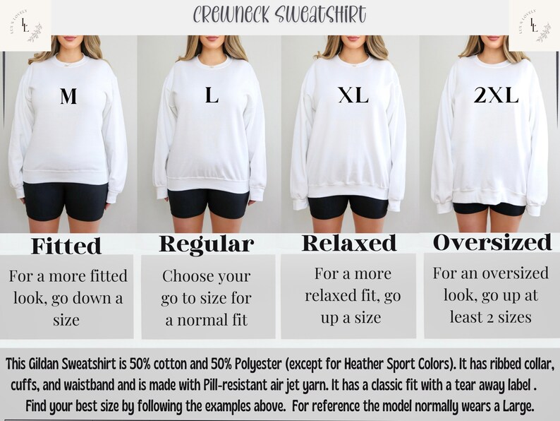May include: A size chart for a crewneck sweatshirt showing four different sizes: M, L, XL, and 2XL. The chart shows how the sweatshirt fits on a model wearing each size. The text describes the fit of each size: Fitted, Regular, Relaxed, and Oversized. The sweatshirt is 50% cotton and 50% polyester.