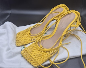 Bottega Veneta Stretch Lace Up Sandal Mesh Eggyoke Yellow Shoes EU 35.5 1100 T5