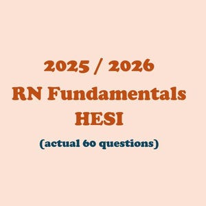 Puede incluir: Fondo color melocotón con texto marrón y verde azulado. El texto dice "2025 / 2026 RN Fundamentals HESI (actual 60 questions)". El texto está en negrita, sin serifa.