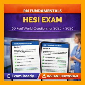 Puede incluir: Gráfico promocional para el examen HESI, con un diseño púrpura y naranja. Dos smartphones muestran preguntas del examen. El texto incluye "HESI EXAM", "60 Real-World Questions for 2025 / 2026", "Exam Ready" y "Instant Download".