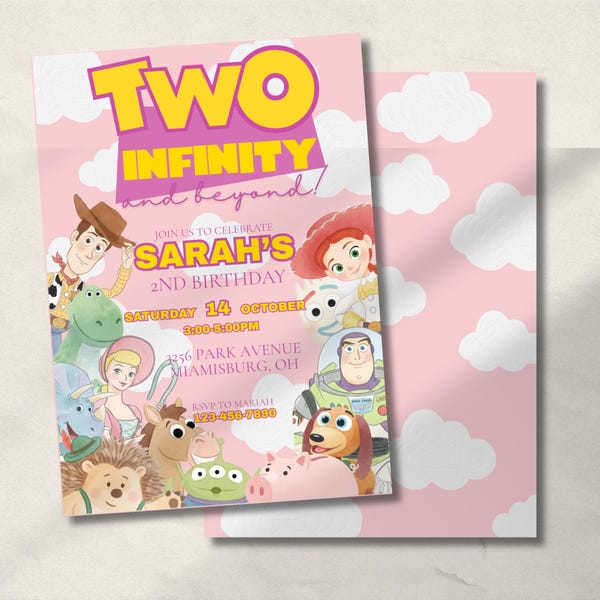 Pink Two Infinity and Darüber hinaus Geburtstagseinladung // Bearbeitbare Canva Template // Toy Story