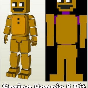 May include: An image of a Spring Bonnie 8-bit cosplay template. The image shows a 3D model and a 2D pixelated version of the character. The 3D model is brown with black and white details. The 2D version is brown with purple accents.