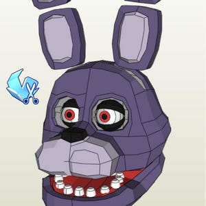 May include: A purple Bonnie helmet cosplay Pepakura template. The helmet features large, upright ears, red eyes, and a wide open mouth with white teeth. The text "Bonnie helmet cosplay Pepakura Template" is at the bottom.