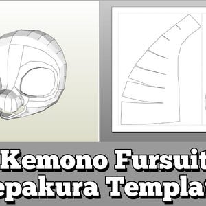 May include: A white, geometric 3D model of a Kemono fursuit head, with large eye openings and a snout. The image also includes a template with cut-out shapes. The text at the bottom reads "Kemono Fursuit Pepakura Template."
