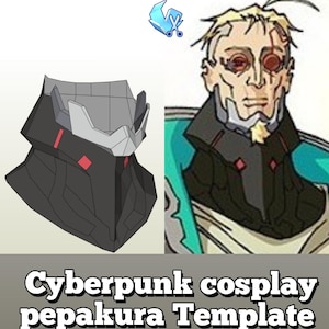 May include: A digital 3D model of a black and grey neck guard with red accents, displayed alongside an illustration of a character wearing the same piece. The text below reads Cyberpunk cosplay pepakura Template, featuring a blue scissor icon.