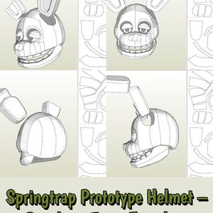 May include: A white Springtrap Prototype Helmet Pepakura Foam Template. The image shows multiple views of the helmet, including the front, side, and top. The helmet has a rabbit-like appearance with large ears and a wide grin. The text "Springtrap Prototype Helmet - Pepakura Foam Template" is at the bottom.