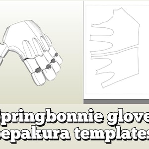 以下が含まれることがあります： 可動式の指と灰色のアクセントが付いた、白の3Dレンダリングされた手袋。画像には、平らで展開された紙のテンプレートのセットも含まれています。下部のテキストは「Springbonnie gloves pepakura templates」と書かれています。