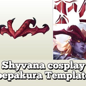 Puede incluir: Un tocado de cosplay rojo y negro con un diseño detallado, que se asemeja a cuernos o una corona. La imagen también incluye una plantilla del tocado y una ilustración de personaje. El texto en la imagen dice "Shyvana cosplay pepakura Template."