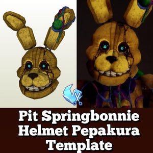 Può includere: L'immagine presenta un modello di casco Springbonnie giallo, con un design poligonale dettagliato. Il personaggio ha occhi blu e un ampio sorriso. Il testo "Pit Springbonnie Helmet Pepakura Template" è visualizzato sotto, indicando un progetto di creazione.