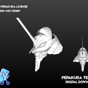 Puede incluir: Una plantilla digital Pepakura de una cabeza de mecha robótica con un cuerno prominente, mostrada en dos ángulos. El texto dice 10% OFF PEPAKURA LICENSE CODE: MSY 26SEP y PEPAKURA TEMPLATE DIGITAL DOWNLOAD. Incluye un icono azul de caja con tijeras.