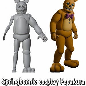 May include: Two Springbonnie cosplay templates are shown. One is grey, the other is brown with a purple bow tie. The templates are for a costume, with rabbit ears and a smiling face. The text at the bottom says "Springbonnie cosplay Pepakura Template."