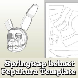 May include: A 3D model of a Springtrap helmet, with a detailed, open-mouthed face and large ears. The image includes a template with various cut-out shapes. The text at the bottom reads "Springtrap helmet Pepakura Template."