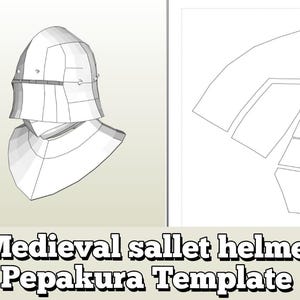 May include: A white, low-poly medieval sallet helmet, with a neck guard, is displayed on the left side of the image. The right side shows a template for the helmet. The text at the bottom reads "Medieval sallet helmet Pepakura Template."