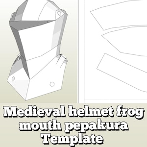 May include: A white, geometric medieval helmet template with a frog mouth design. The template is shown in a 3D rendering, with a separate sheet of paper showing the unfolded pieces. The text "Medieval helmet frog mouth pepakura Template" is displayed below.