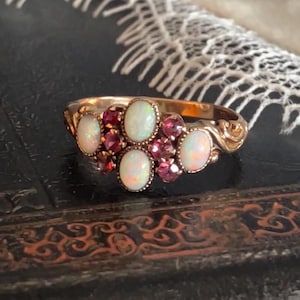 Antique Heintz Bros. 14K Gold Opal & Natural Ruby Cluster Ring | Edwardian c. 1900–1915 | Floral Estate Ring