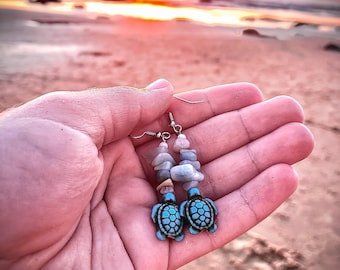 Ocean Style Turtle Themed Earrings, Natural Gemstone, Pearl, and Turquoise, Boho Hippie Beach Gifts.