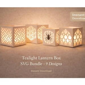 May include: Four white paper tealight lantern boxes with intricate cut-out designs. One features a spider web, and the others have geometric patterns. The text reads "Tealight Lantern Box SVG Bundle - 9 Designs" and "Instant Download".
