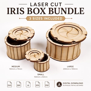 Könnte beinhalten: Ein lasergeschnittenes Iris-Box-Set bestehend aus drei runden Holzboxen mit mechanischen Blendenverschlüssen. Das Set enthält eine kleine Box mit 100mm x 50mm, eine mittlere mit 150mm x 75mm und eine große Box mit 200mm x 100mm Größe.