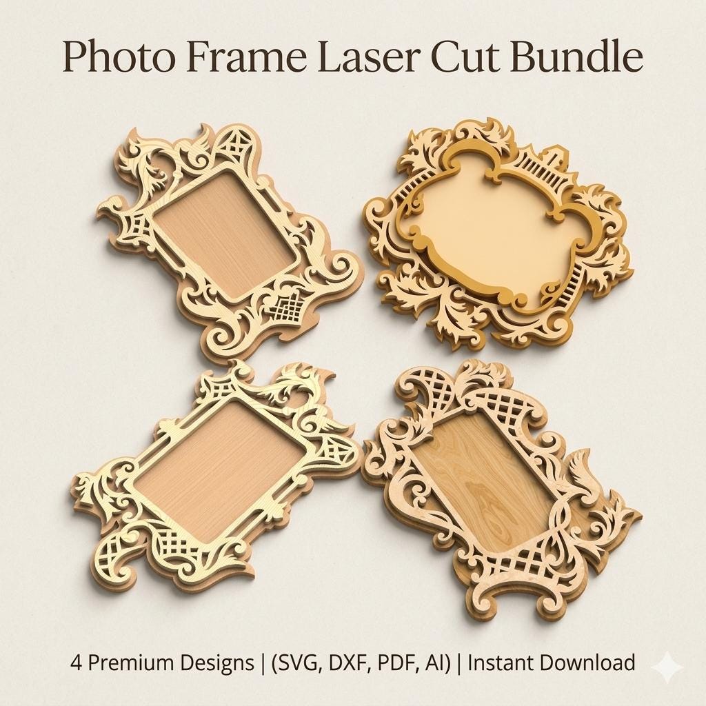 Photo Frame Laser Cut Files 4 Designs Bundle | Decorative Picture Frame ...