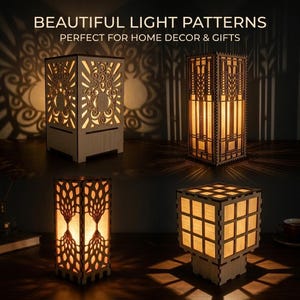 Puede incluir: Cuatro lámparas de madera con intrincados diseños calados. Las lámparas están iluminadas desde dentro, proyectando patrones de luz decorativos. El texto en la parte superior dice "BEAUTIFUL LIGHT PATTERNS PERFECT FOR HOME DECOR & GIFTS."