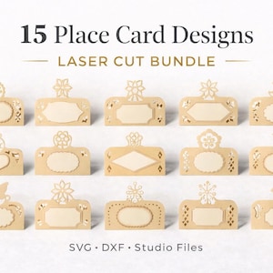 May include: A collection of 15 laser-cut place card designs in a light tan color. Each card features a unique decorative top and an oval or rectangular space for names. The image includes the text "15 Place Card Designs - Laser Cut Bundle."