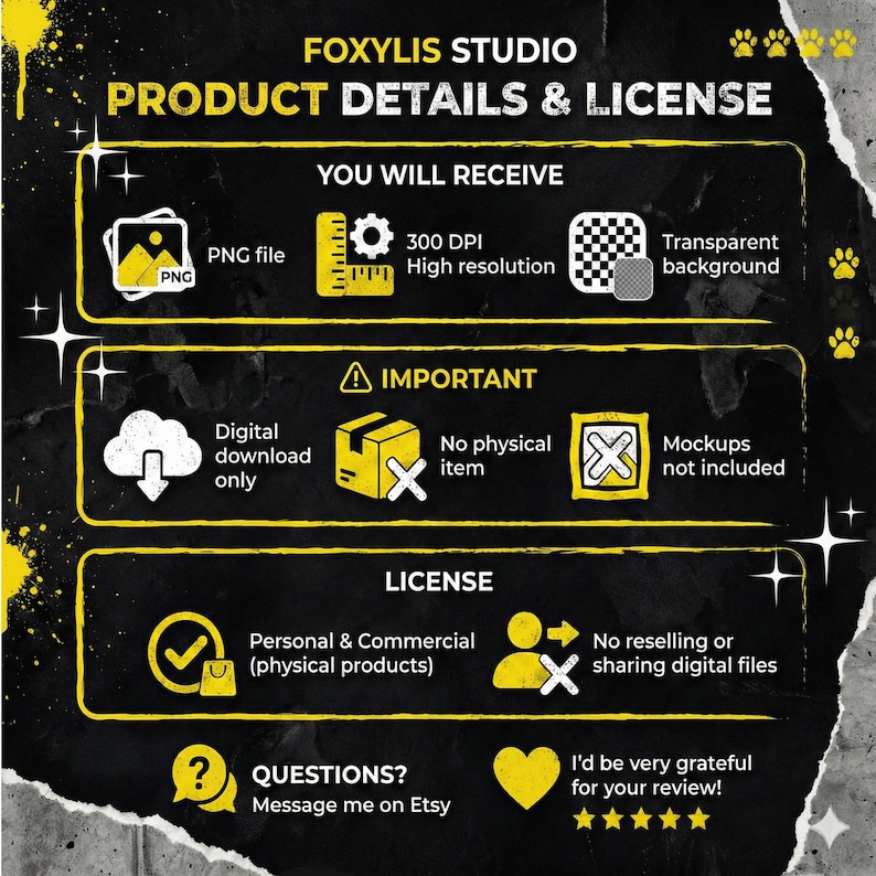 May include: A black and yellow graphic with the text "FOXYLIS STUDIO PRODUCT DETAILS & LICENSE". The image details a digital product, including a PNG file, 300 DPI resolution, and a transparent background. It also states that it is a digital download only.