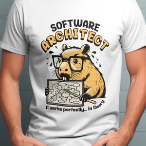 以下が含まれることがあります： メガネをかけた漫画のビーバーが図を持っている白いTシャツ。「SOFTWARE ARCHITECT」の文字がビーバーの上にアーチ状に配置され、その下に「It works perfectly... in theory」というフレーズがあります。
