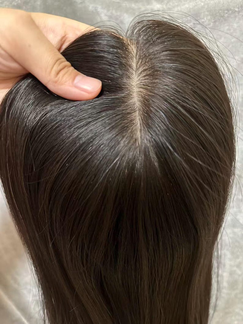 Black Silk Base Human Hair Toppers: 7x8 Virgin Remy Hair Piece Breathable Comfort Clips in for Baldness Hair Loss image 4