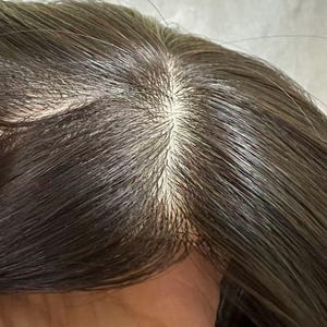 Puede incluir: Primer plano de una peluca marrón oscuro con una línea de cabello de aspecto natural. El cabello está partido por la mitad, revelando el cuero cabelludo. La peluca parece estar hecha de fibras sintéticas, y el cabello es liso y brillante.