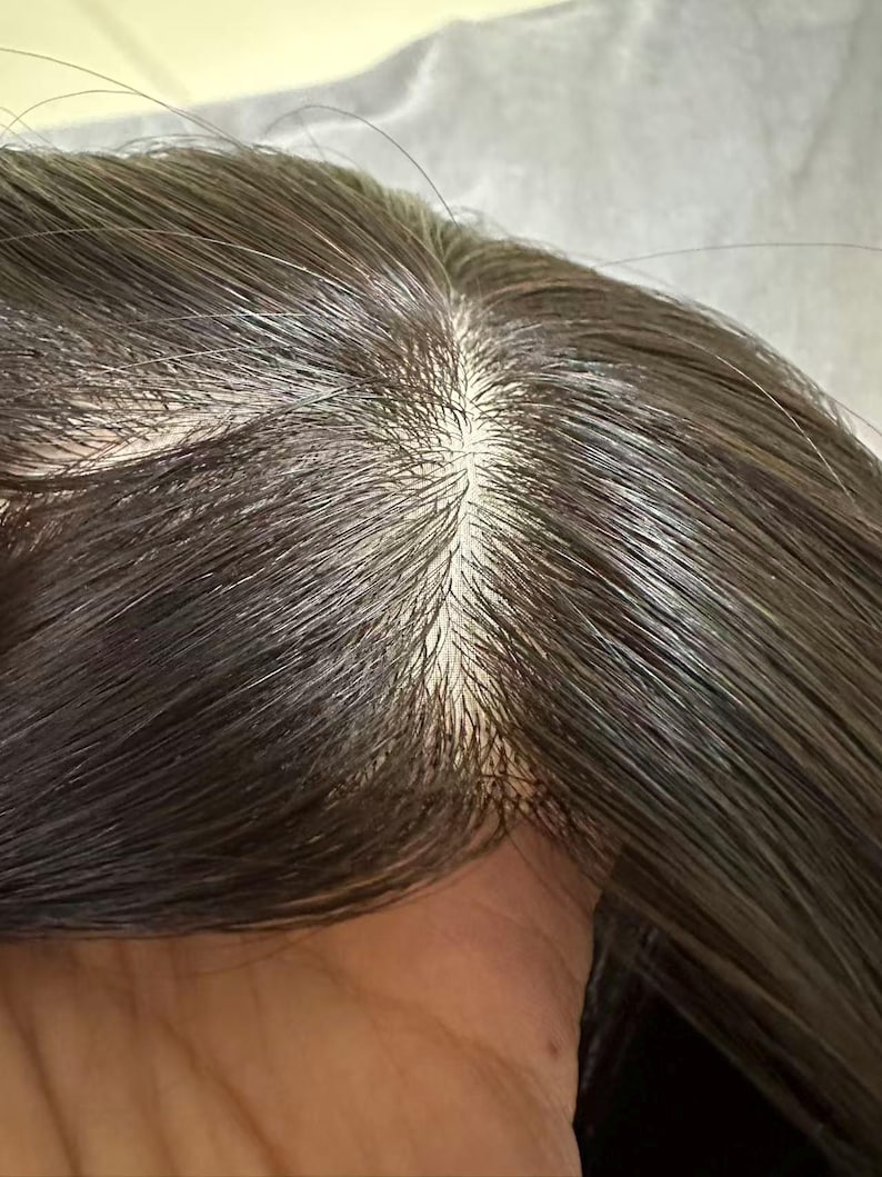 May include: Close-up of a dark brown wig with a visible part. The hair appears to be straight and shiny, with a natural-looking hairline. The wig is likely designed for cosmetic purposes.