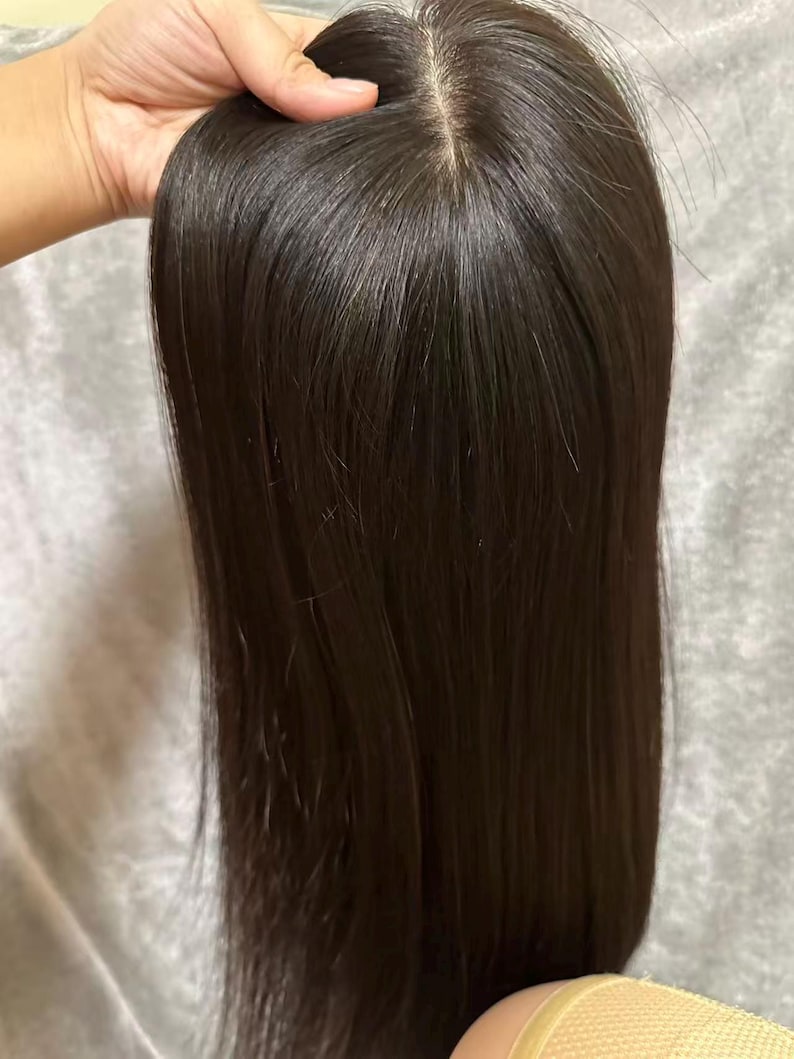 Black Silk Base Human Hair Toppers: 7x8 Virgin Remy Hair Piece Breathable Comfort Clips in for Baldness Hair Loss image 2