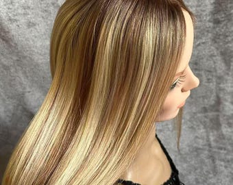 White Women Dark Roots Silk Base Topper: European Hair Ombre Two Tone Balayage Brown Blonde Color Breathable Piece Clips in for Bald