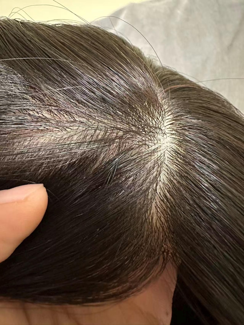 Black Silk Base Human Hair Toppers: 7x8 Virgin Remy Hair Piece Breathable Comfort Clips in for Baldness Hair Loss image 7