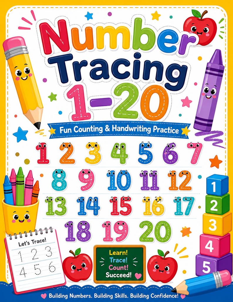 Number Tracing Worksheets 1-20, Preschool Kindergarten Handwriting ...