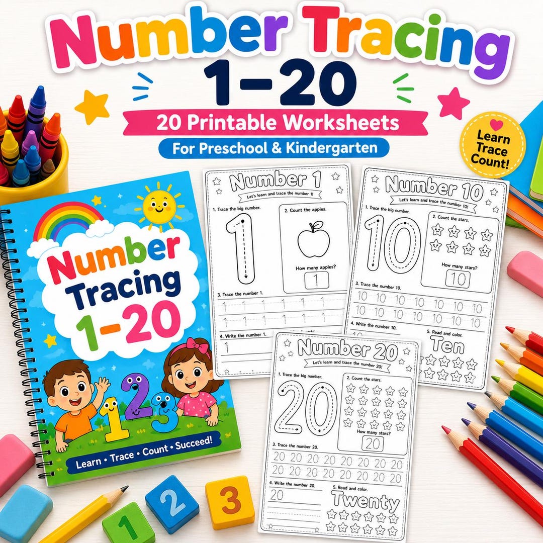 Number Tracing Worksheets 1-20, Preschool Kindergarten Handwriting ...