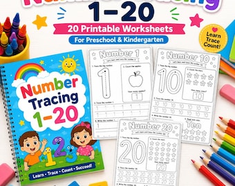 Number Tracing Worksheets 1-20, Preschool Kindergarten Handwriting Activity (PDF Download)