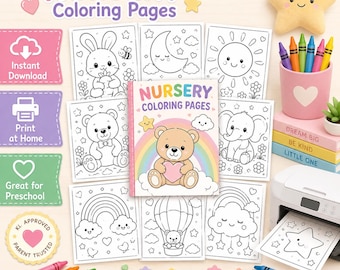 Nursery Animals Coloring Pages, Preschool Kids Printable PDF (Instant Download)